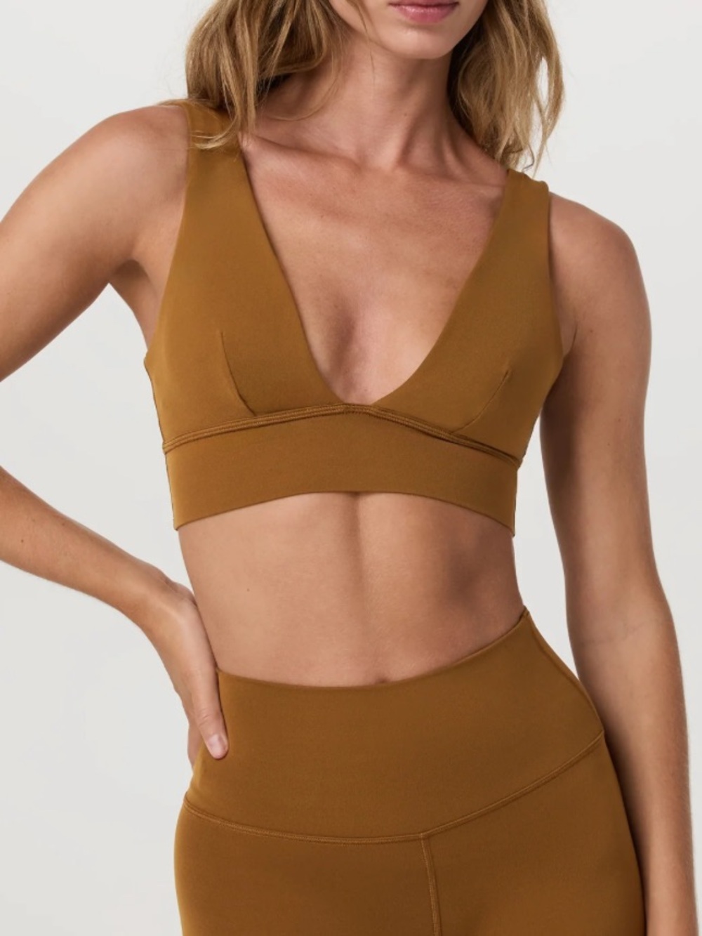 Vuori Deep V Sports Bra in Camel Brown